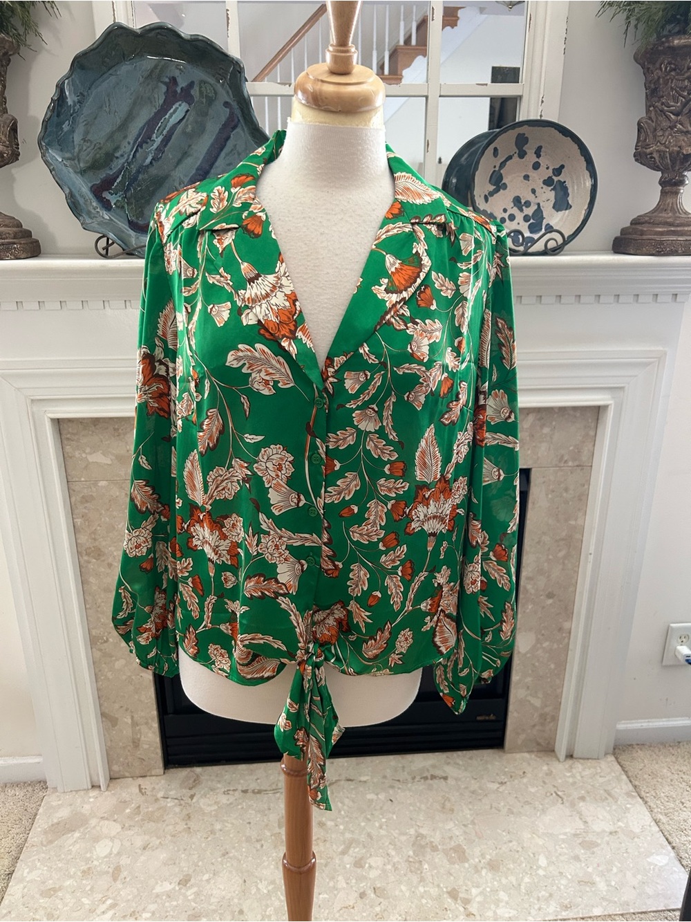 Eclair Green Floral Tie-Front Blouse with Notch Collar